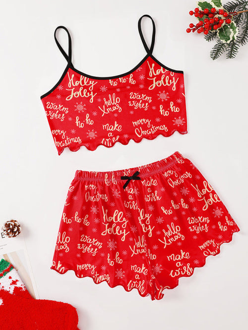 Christmas print sleeveless shorts, simple and casual two-piece home