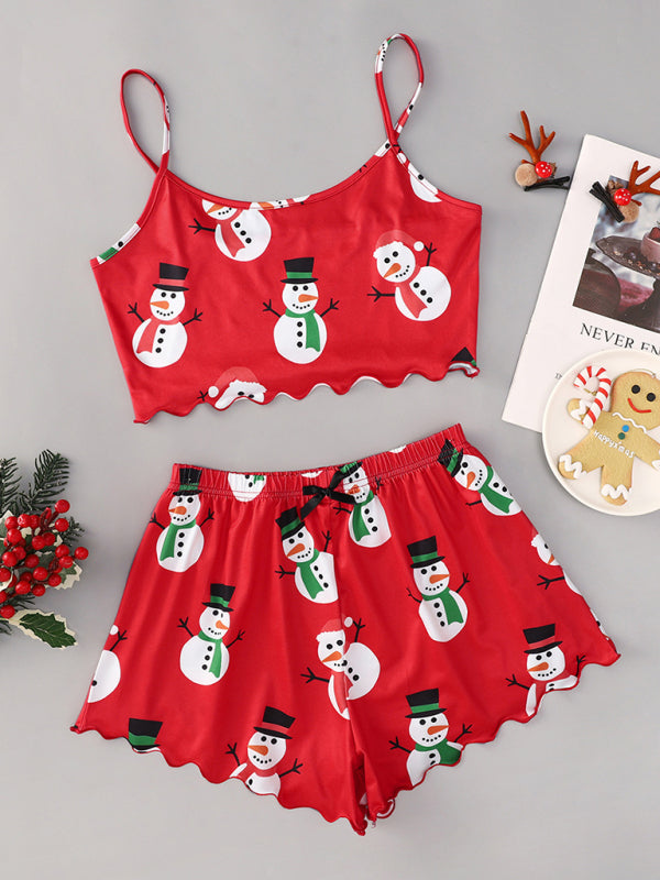 Christmas print sleeveless shorts, simple and casual two-piece home